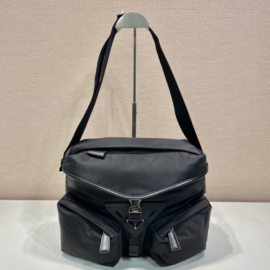 CROSSBODY BAG 29 IN BLACK RE-NYLON AND CALFSKIN TRIM | Studio Nafay