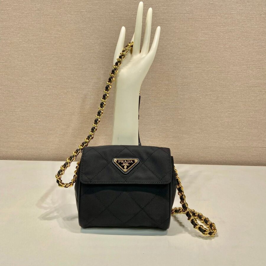 MINI QUILTED FLAP BAG 14 IN BLACK RE-NYLON FABRIC GOLD CHAIN | Studio Nafay