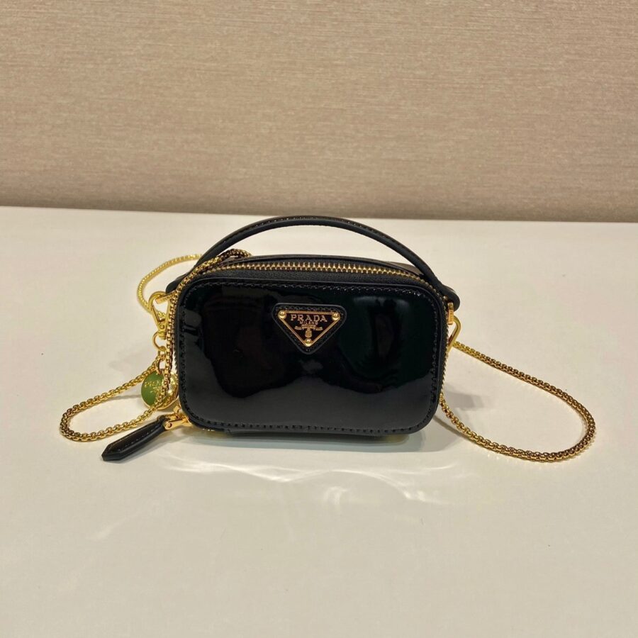 MINI HAND BAG 11 WITH GOLD STRAP IN BLACK PATENT CALFSKIN | Studio Nafay