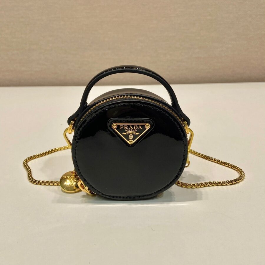 MINI ROUND BAG 8 IN BLACK GLOSSY CALFSKIN GOLD HARDWARE | Studio Nafay