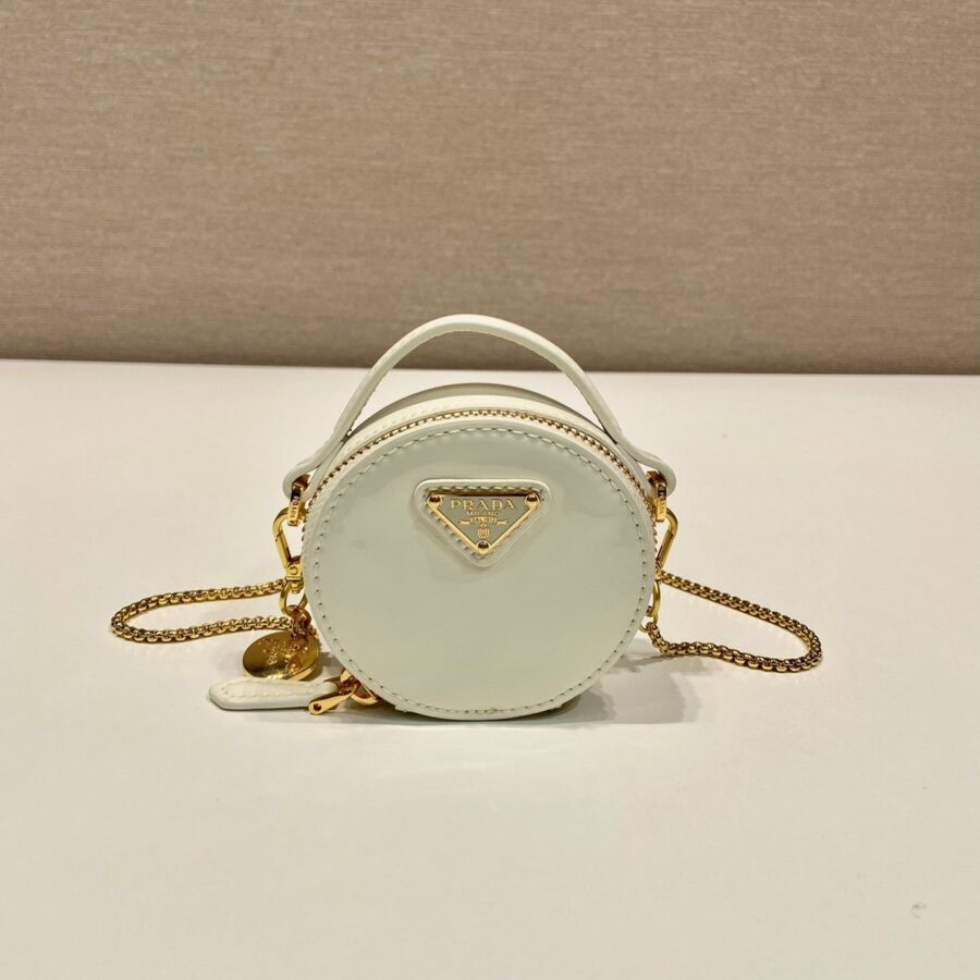 MINI ROUND BAG 8 IN WHITE GLOSSY CALFSKIN GOLD HARDWARE | Studio Nafay