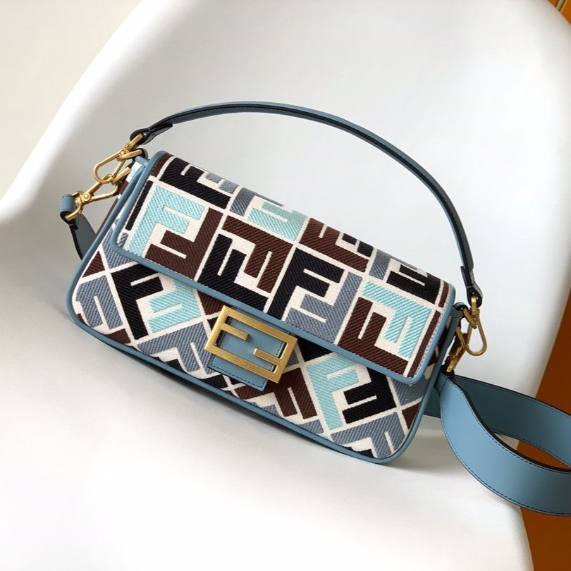 Fend Baguette Sky Blue and Multicolour Canvas Bag 27 with FF Embroidery Ghw | Studio Nafay
