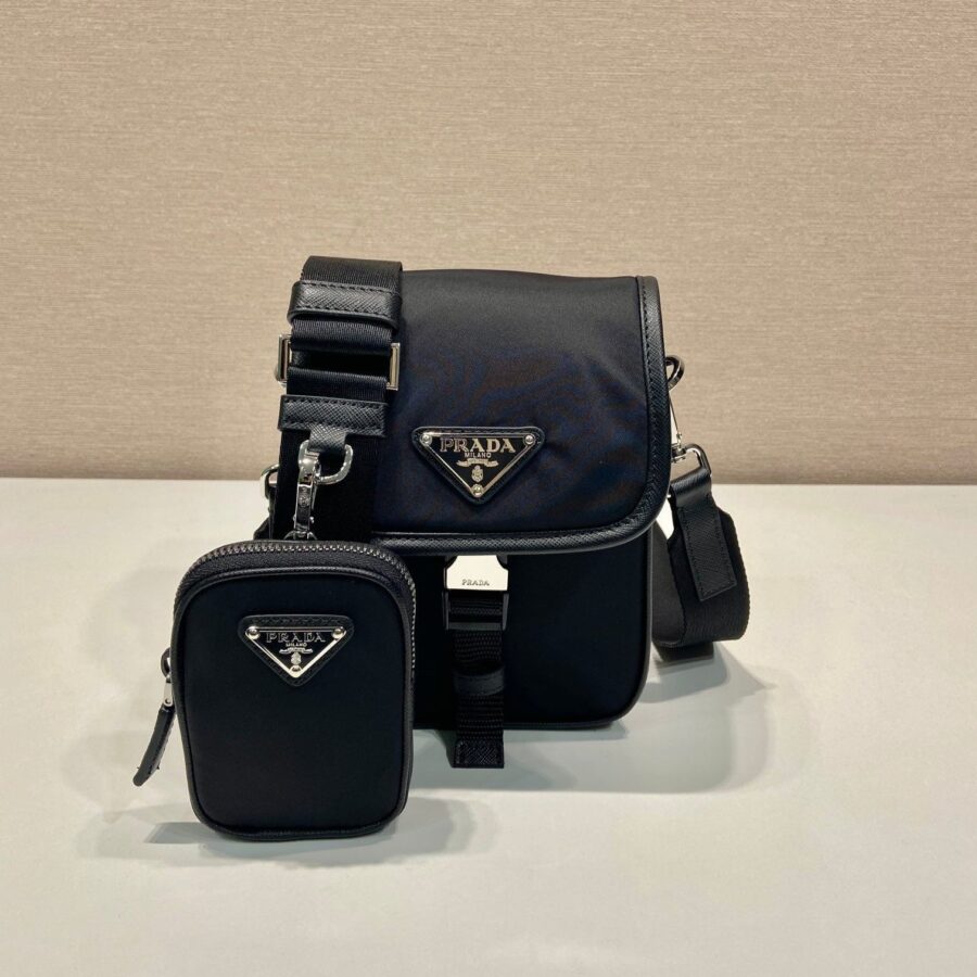 PHONE BAG 19 IN BLACK RE-NYLON AND SAFFIANO LEATHER TRIM | Studio Nafay