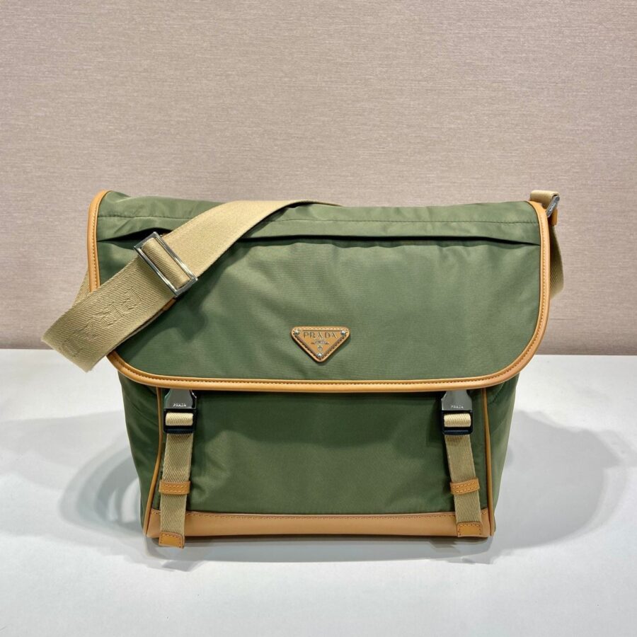 LARGE FLAP BAG 30 IN SEAWEED GREEN RE-NYLON AND BROWN CALFSKIN TRIM | Studio Nafay