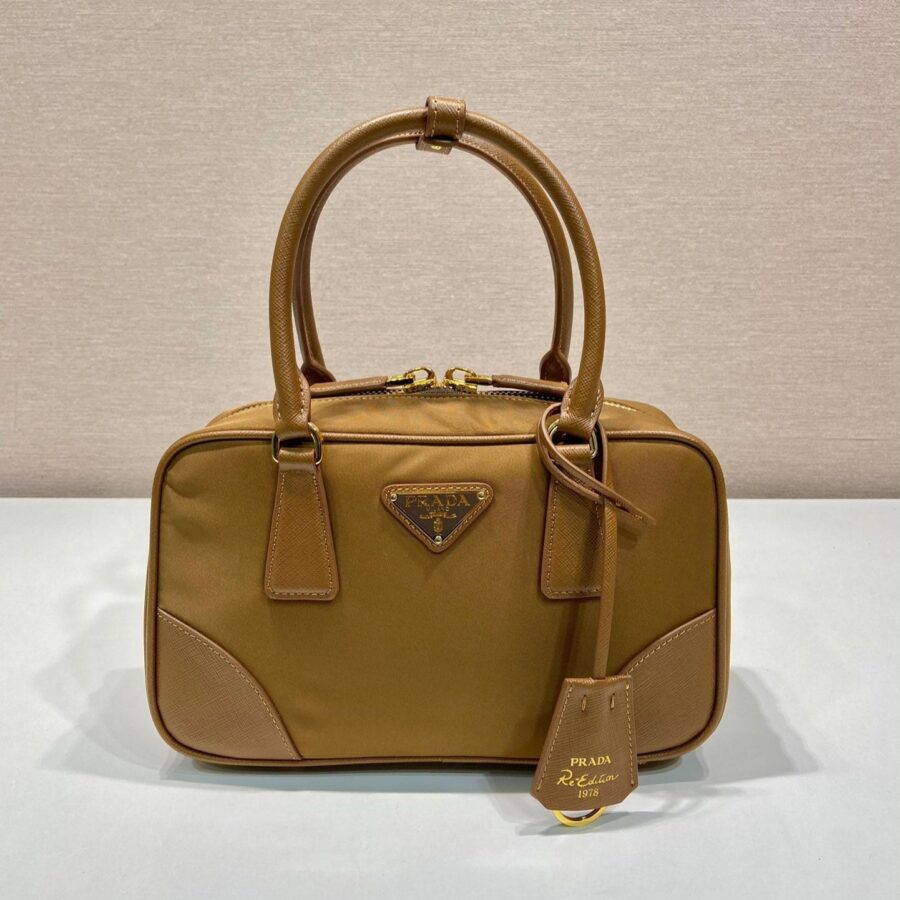 SMALL TOP HANDLE BAG 25 IN GOLDEN BROWN NYLON AND CALFSKIN TRIM | Studio Nafay