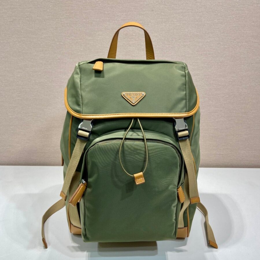 BACKPACK 45 IN SEAWEED GREEN RE-NYLON AND BROWN CALFSKIN TRIM | Studio Nafay