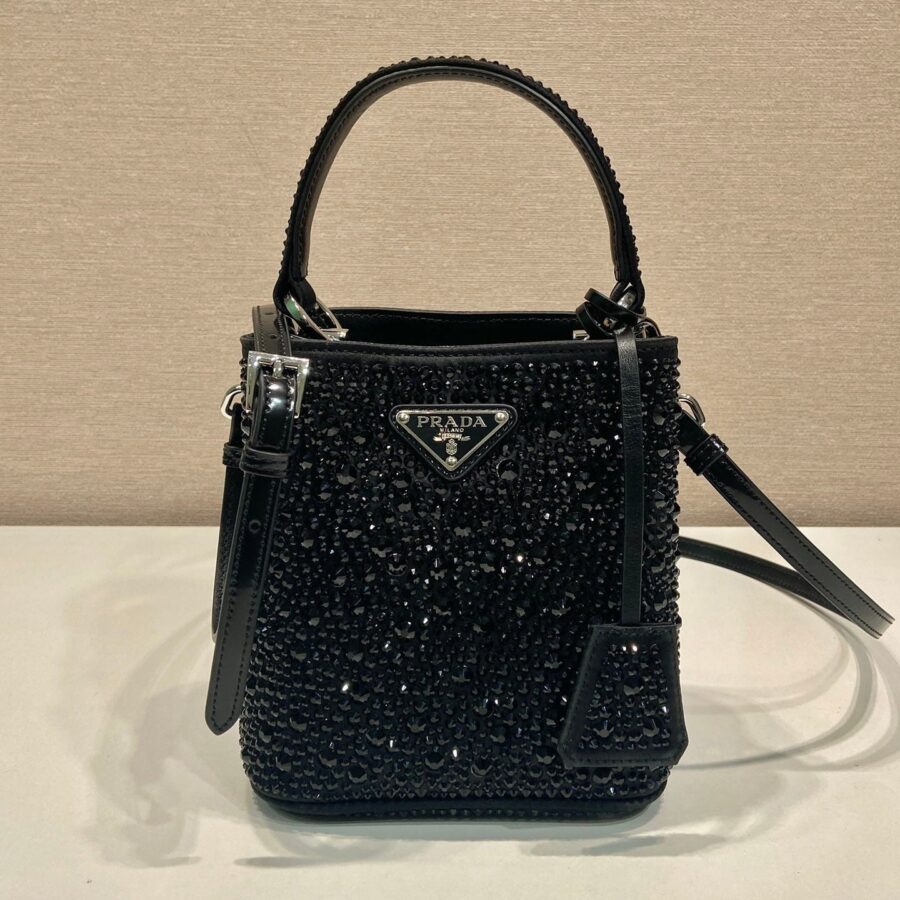 PANIER BUCKET BAG 16 IN BLACK CALFSKIN ATTACHED FULL CRYSTALS | Studio Nafay