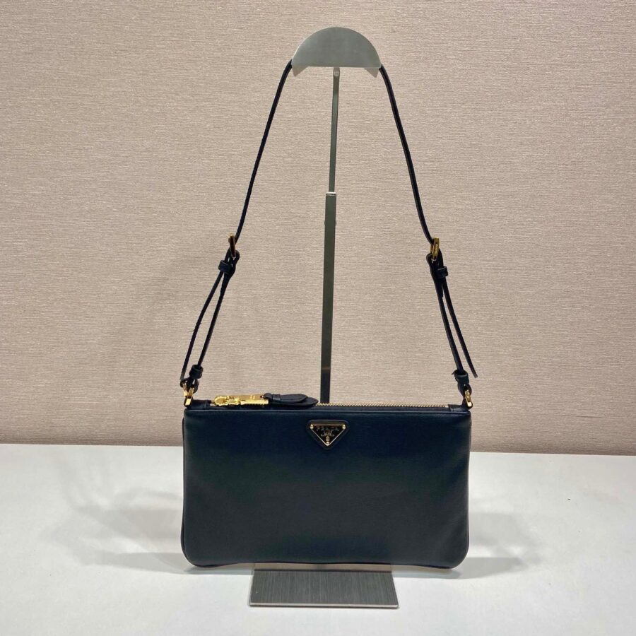 TRIANGLE LOGO SHOULDER BAG 24 IN BLACK SMOOTH CALFSKIN | Studio Nafay