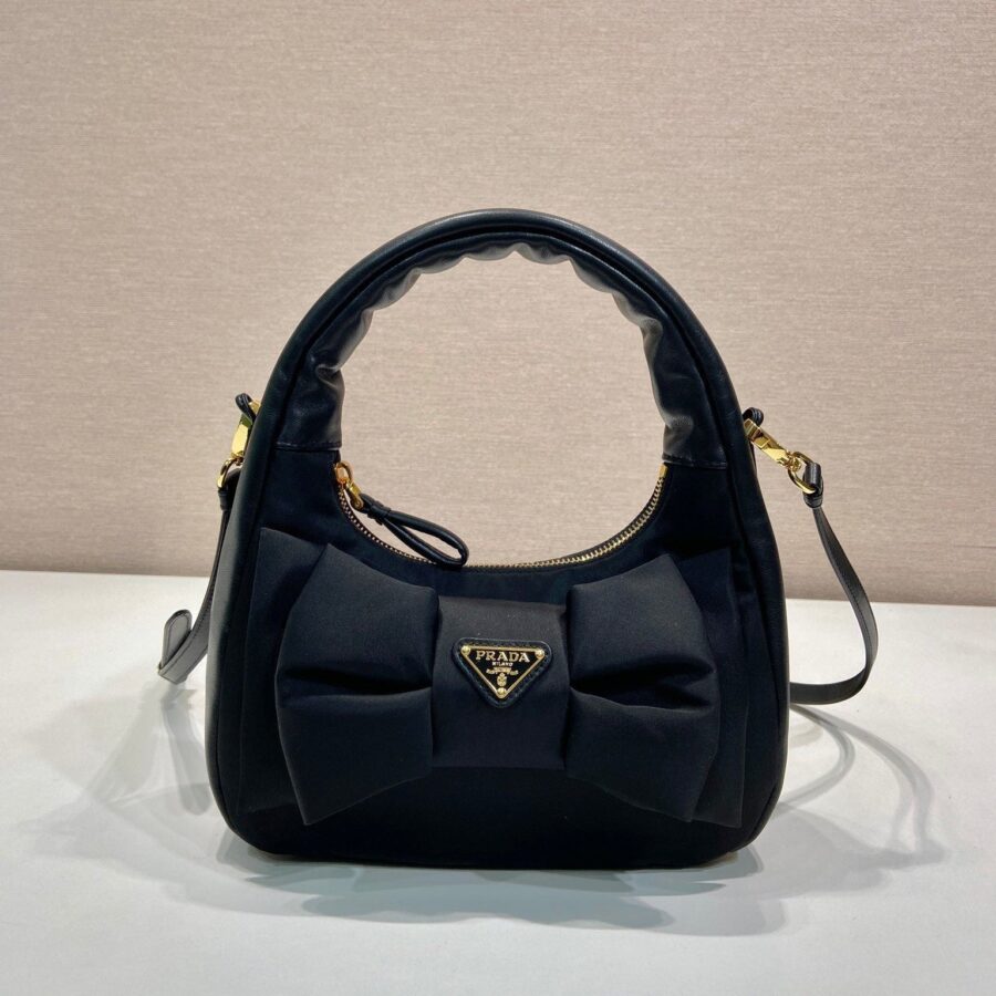 BOW HOBO BAG 22 IN BLACK RE-NYLON AND LAMBSKIN | Studio Nafay