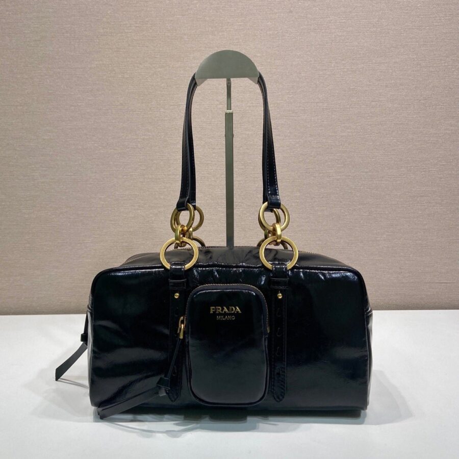 LARGE RECTANGULAR BAG 30 IN BLACK OIL WAX LAMBSKIN GOLD HARDWARE | Studio Nafay