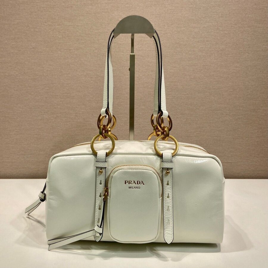 LARGE RECTANGULAR BAG 30 IN WHITE OIL WAX LAMBSKIN GOLD HARDWARE | Studio Nafay