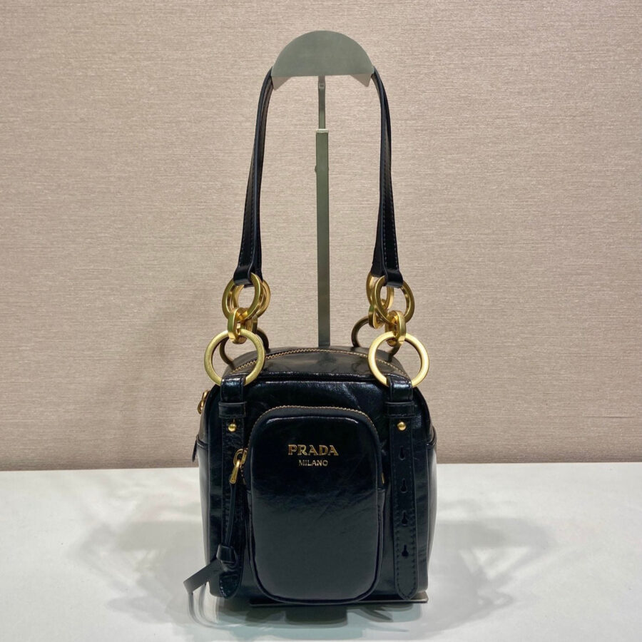 SMALL RECTANGULAR BAG 14 IN BLACK OIL WAX LAMBSKIN GOLD HARDWARE | Studio Nafay
