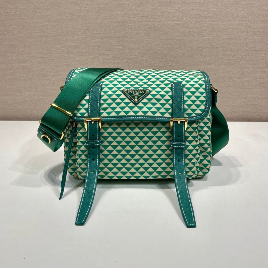 MESSENGER BAG 25 IN FOREST GREEN MIX CREAM TRIANGLE PATTERN EMBROIDERED FABRIC | Studio Nafay