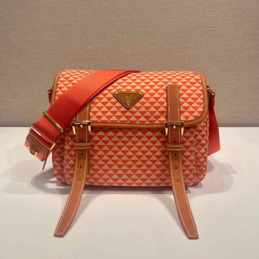 MESSENGER BAG 25 IN ORANGE MIX CREAM TRIANGLE PATTERN EMBROIDERED FABRIC | Studio Nafay