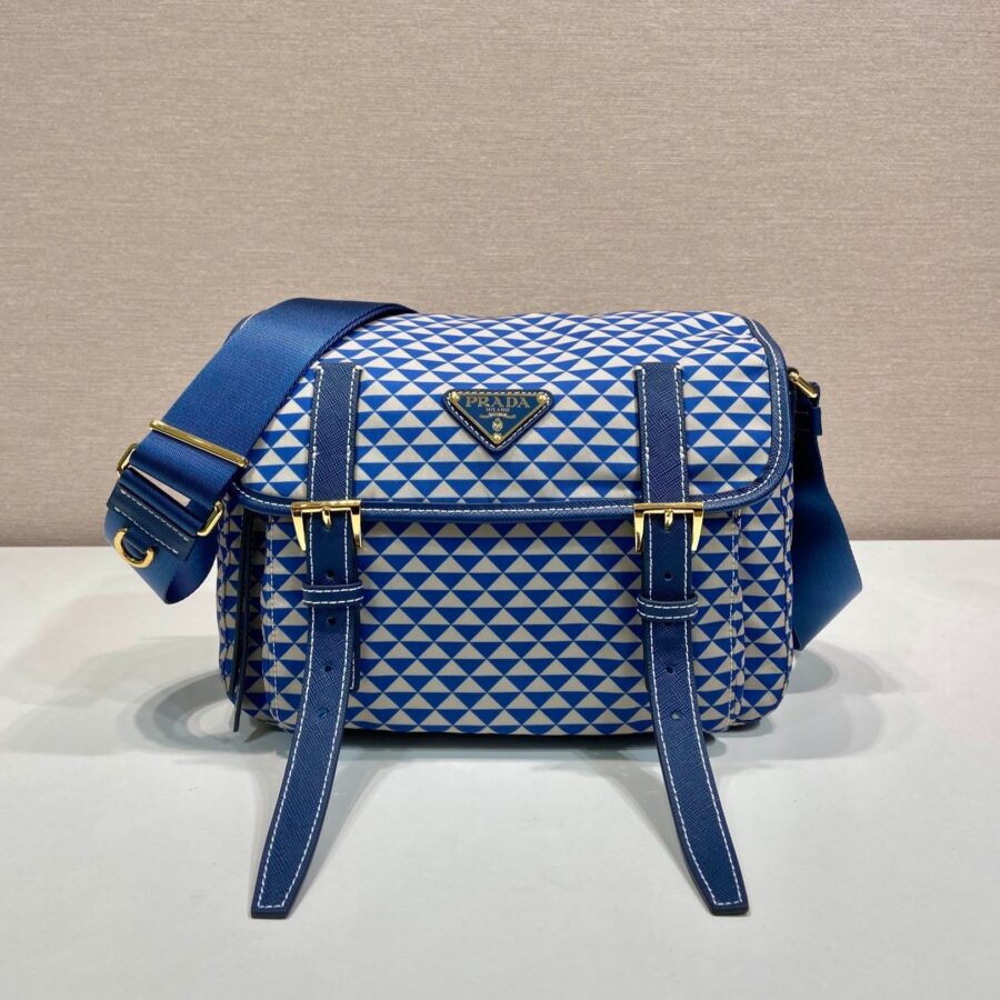 MESSENGER BAG 25 IN BLUE MIX WHITE TRIANGLE PATTERN EMBROIDERED FABRIC | Studio Nafay