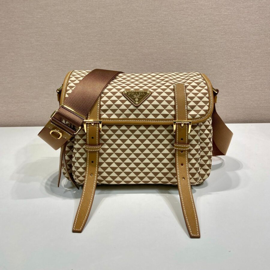 MESSENGER BAG 25 IN BROWN MIX CREAM TRIANGLE PATTERN EMBROIDERED FABRIC | Studio Nafay
