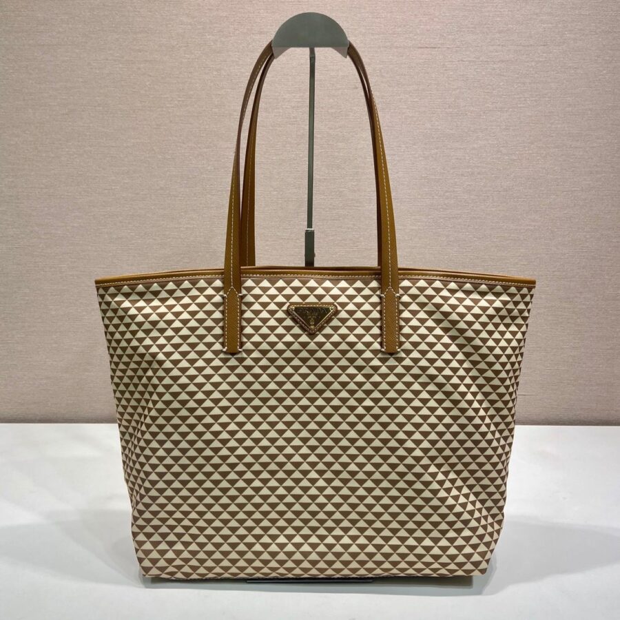 TOTE BAG 33 IN BROWN MIX CREAM TRIANGLE PATTERN EMBROIDERED FABRIC | Studio Nafay
