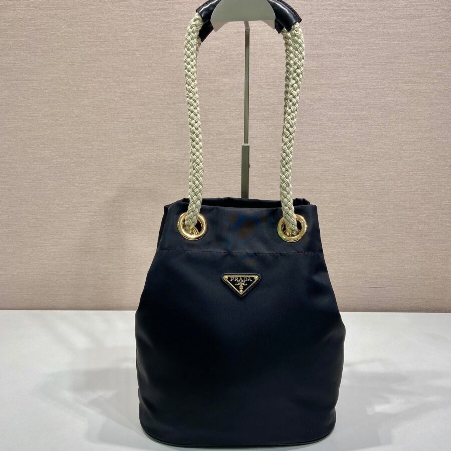 BUCKET BAG 28 IN BLACK RE-NYLON GOLD LOGO | Studio Nafay
