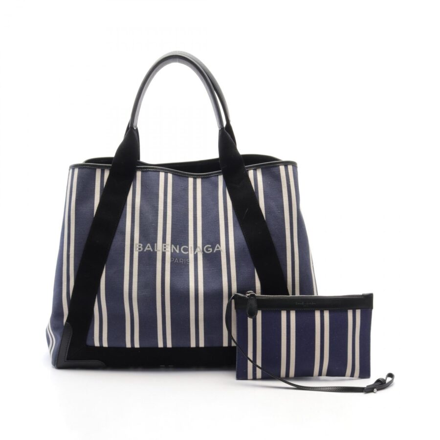 Balenciaga Navy Cabas M Canvas Leather Tote | Studio Nafay