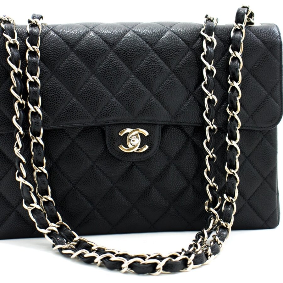 CHANEL Large Classic Handbag Chain Shoulder Bag Flap Black Caviar g66 | Studio Nafay