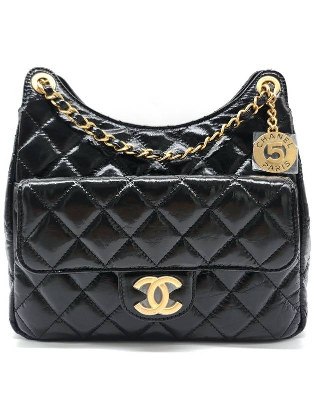 Hobo Handbag Shiny Crumpled Calfskin Gold Black Chanel | Studio Nafay