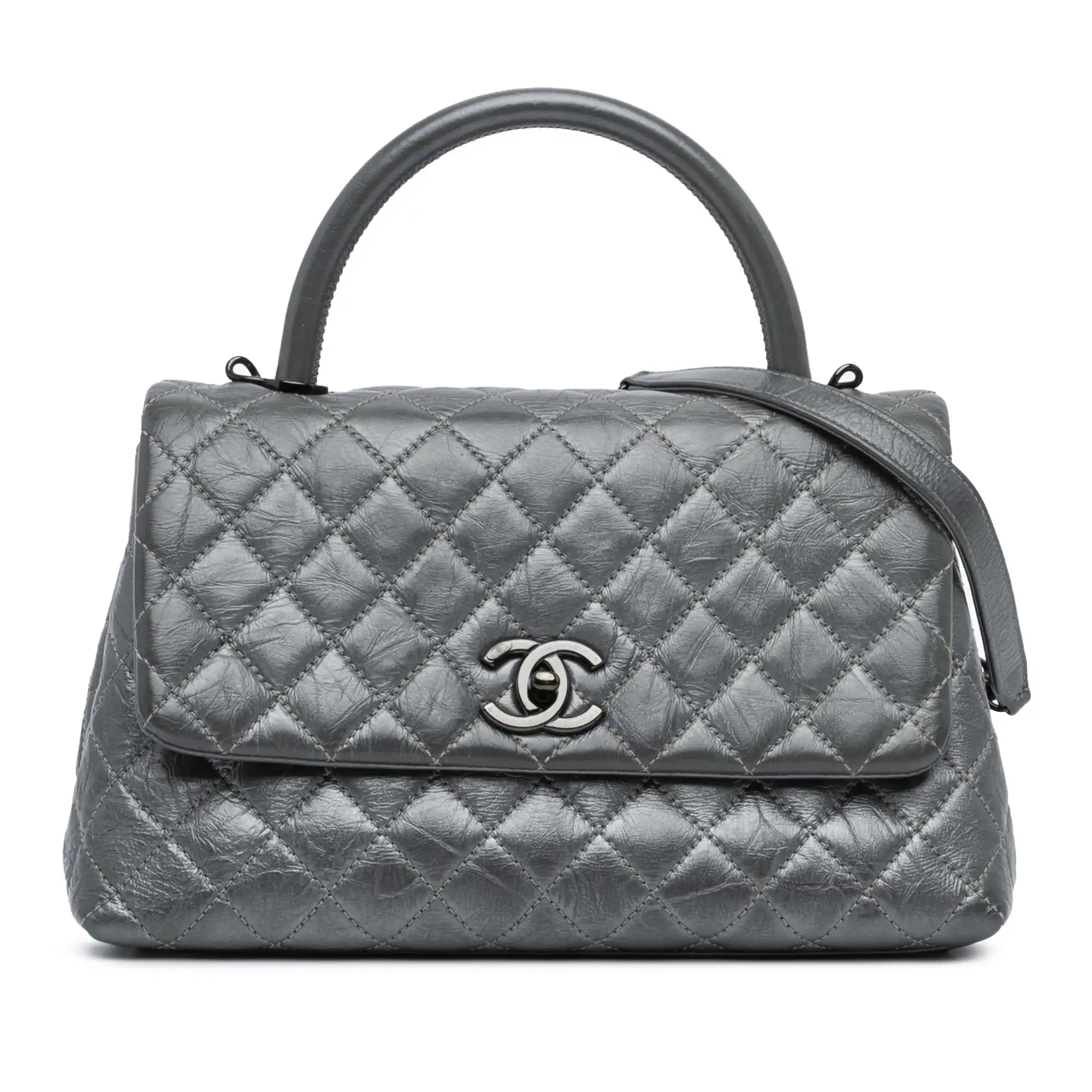 Gray Chanel Small Quilted Aged Calfskin Coco Satchel
