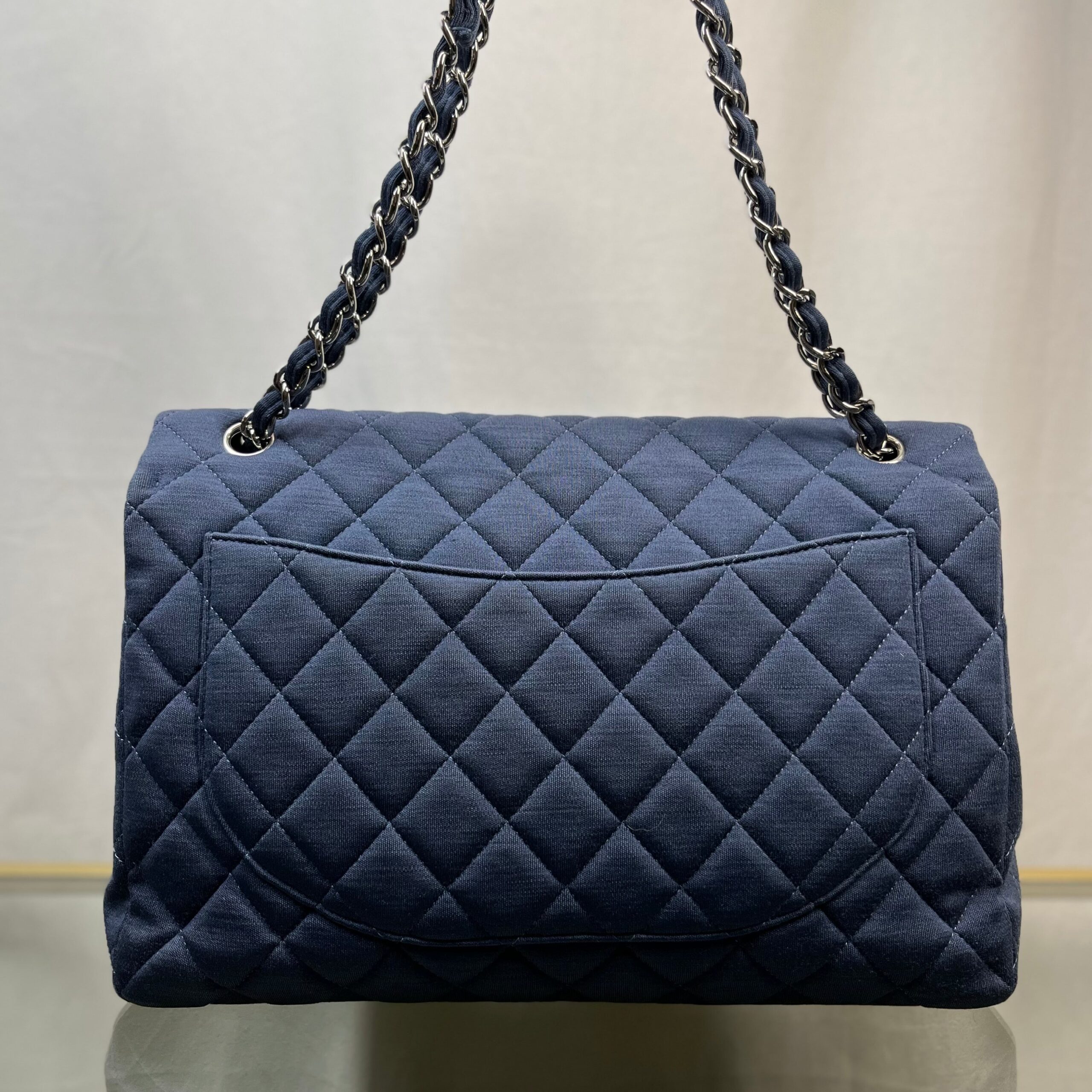 CHANEL Single Flap Jumbo Blue Jersey Shoulder Bag