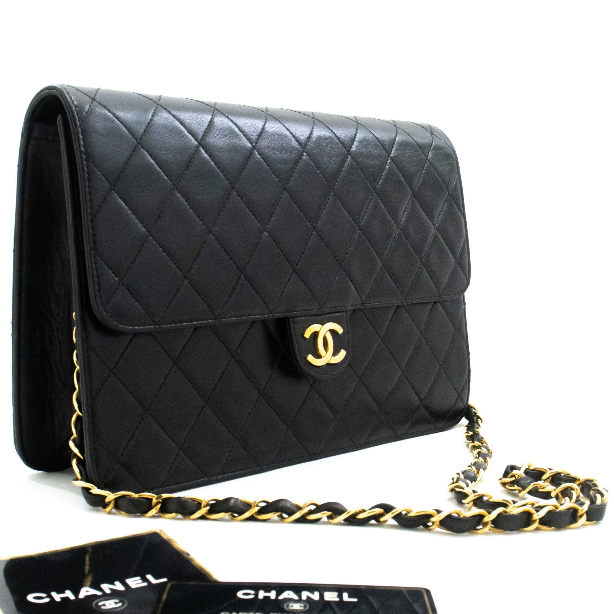 CHANEL Chain Shoulder Bag Clutch Black Quilted Flap Lambskin Purse
