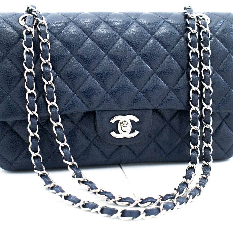 CHANEL Navy Caviar Double Flap Chain Shoulder Bag Quilted Leather j44 | Studio Nafay