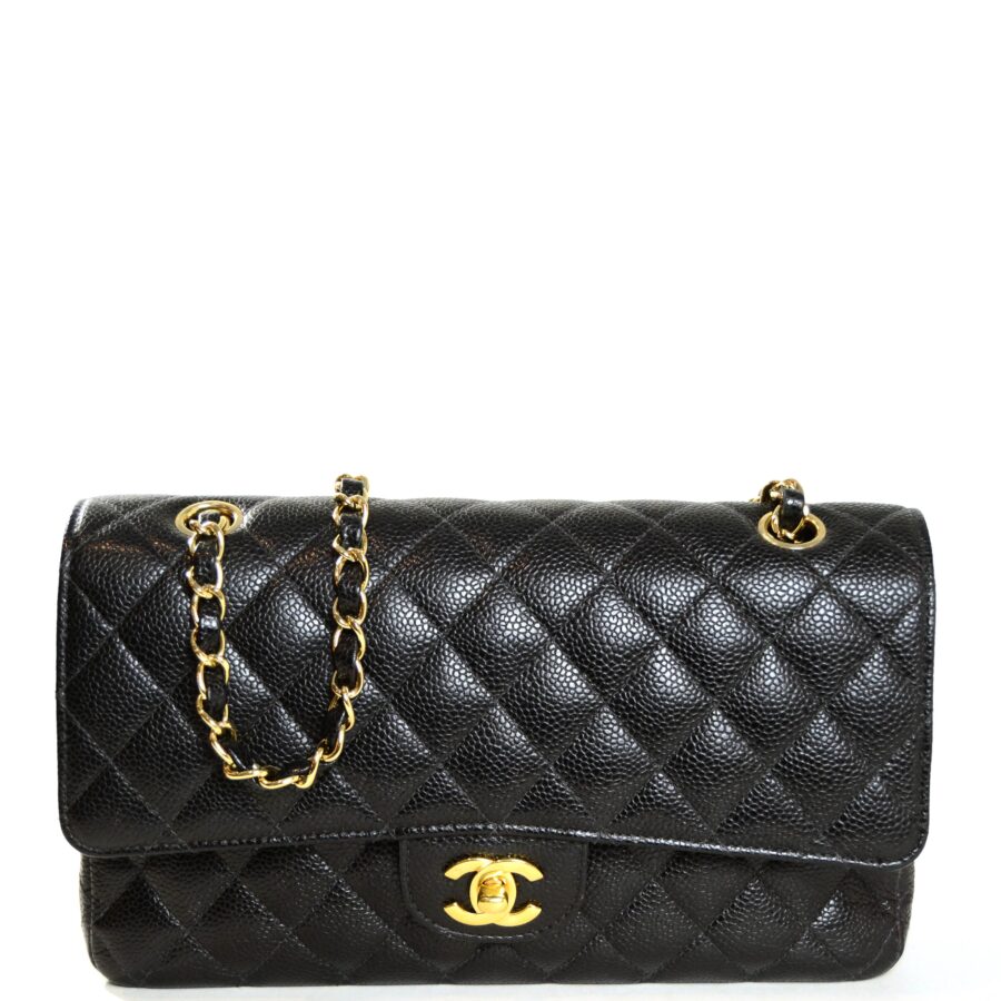 Chanel Black Caviar Leather 10" Medium Double Flap Classic Bag | Studio Nafay