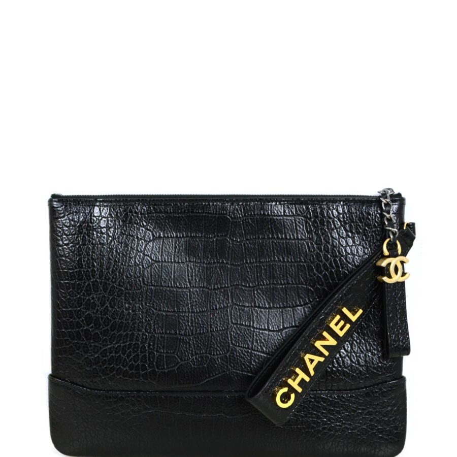 Chanel NEW Black Crocodile Embossed Gabrielle Wristlet Bag | Studio Nafay