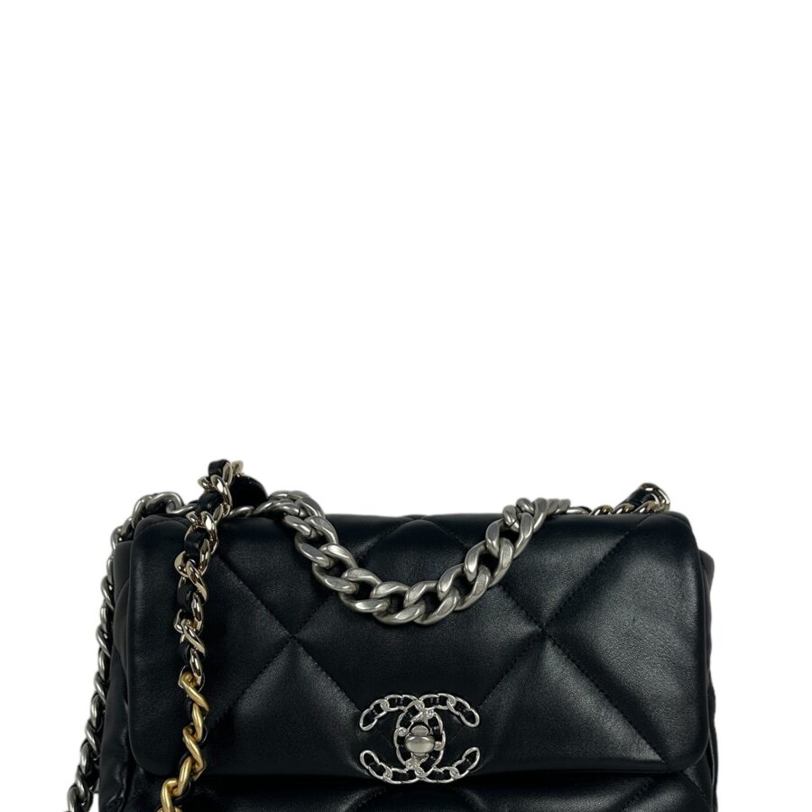 Chanel Silvertone Black Lambskin Quilted Medium 19 Bag | Studio Nafay