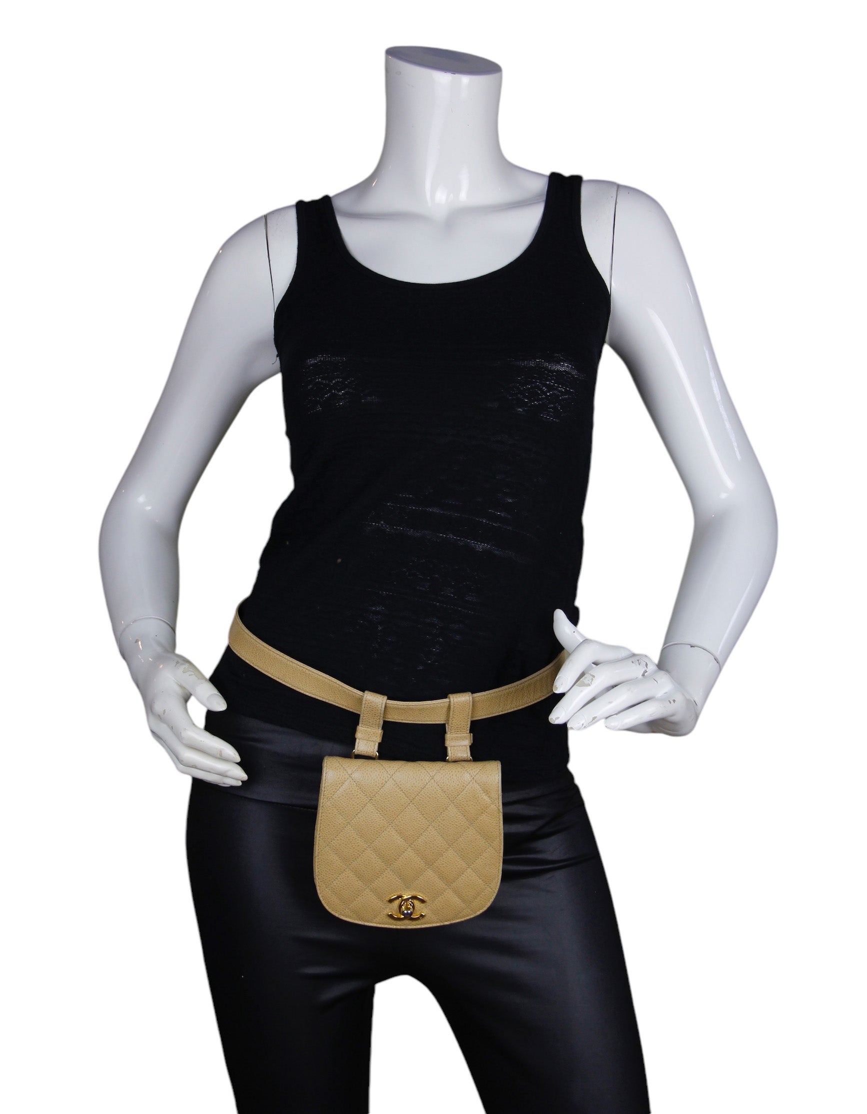 Chanel ’90s Beige Caviar Quilted Belt Bag sz 85/34″