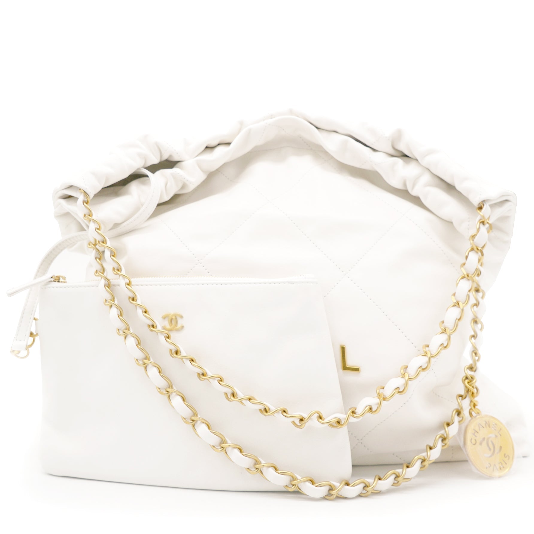 Shiny Calfskin Quilted Small Chanel 22 White Handbag