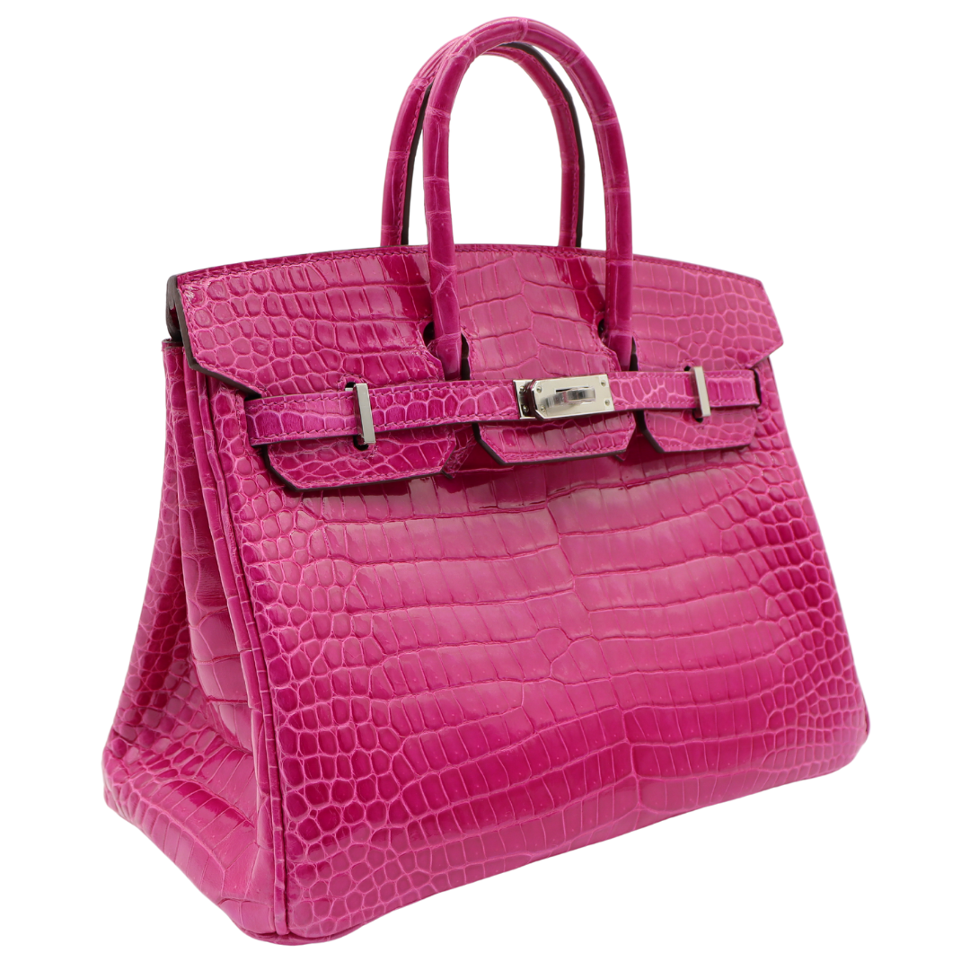 Hermes25cm Birkin Rose Scheherazade Shiny Porosus Crocodile Palladium Hardware