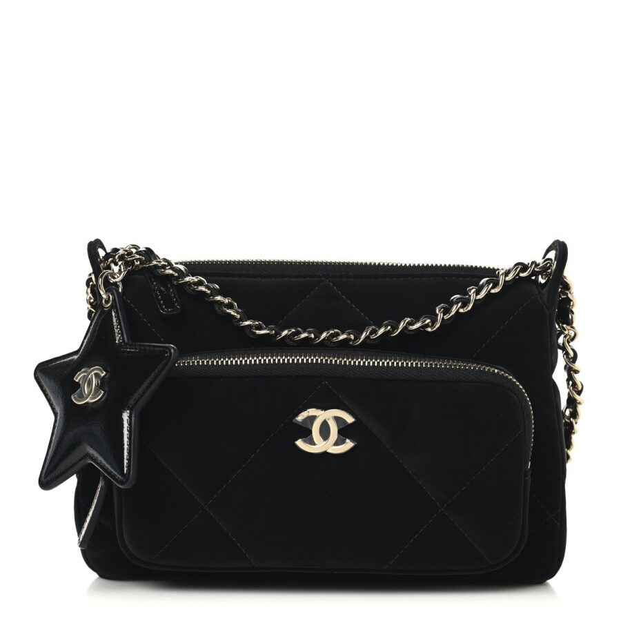 Velvet Effect Nylon Shiny Crumpled Calfskin Quilted Chanel 25 Clutch With Chain Black | Studio Nafay