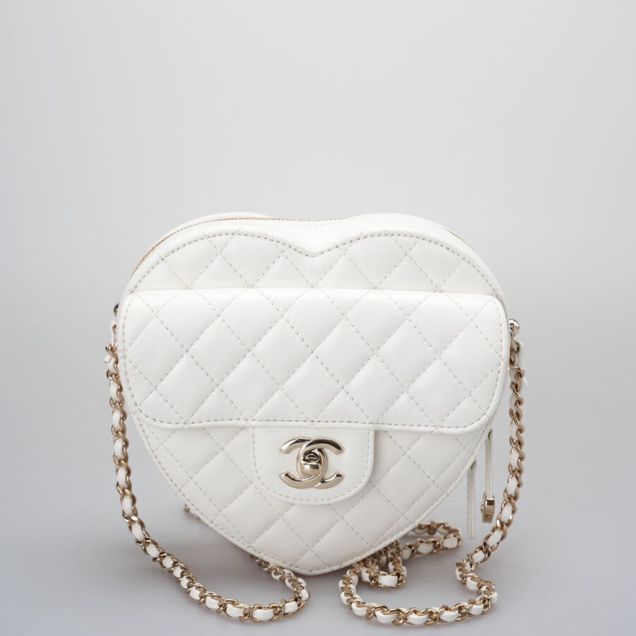 Chanel Heart Bag CC in Love Heart Clutch with Chain in White Lambskin with champagne Gold Hardware | Studio Nafay