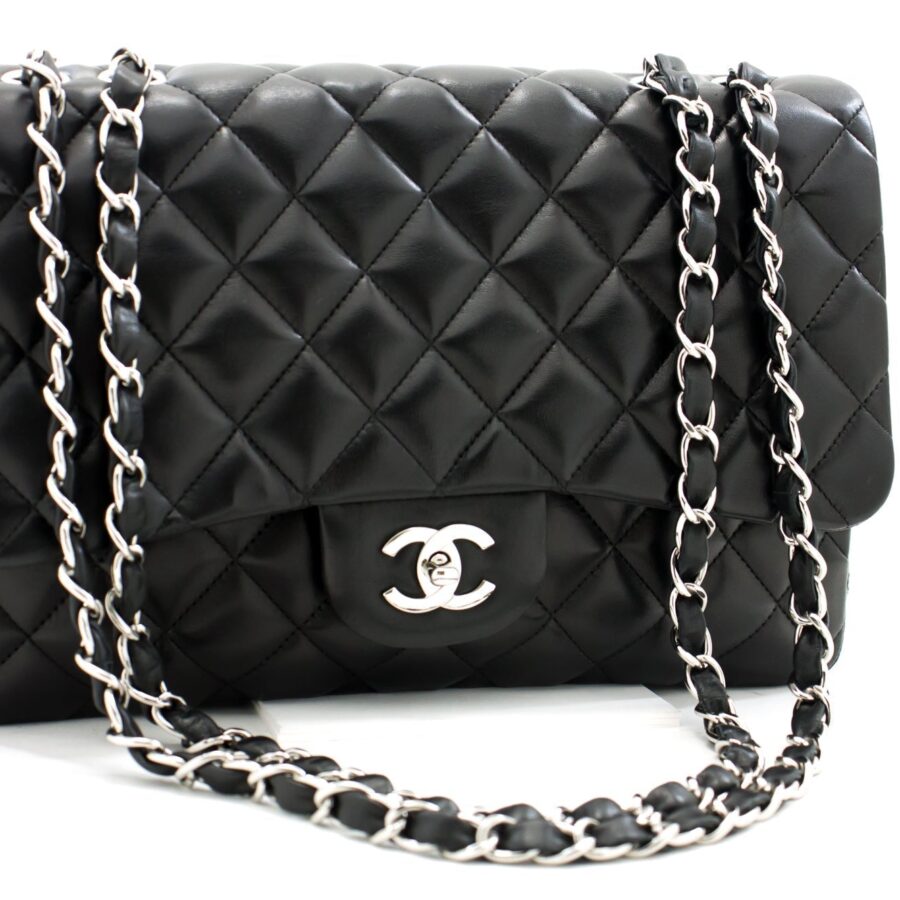 CHANEL Large Classic Handbag 11"Chain Shoulder Bag Flap Black Lamb h44 | Studio Nafay