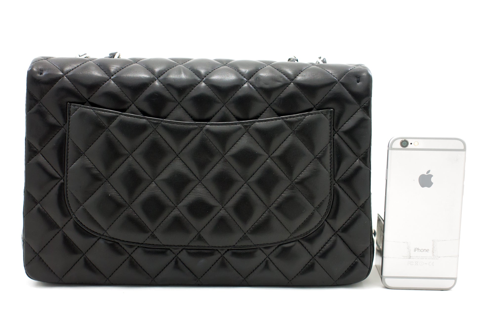 CHANEL Large Classic Handbag 11″Chain Shoulder Bag Flap Black Lamb h44