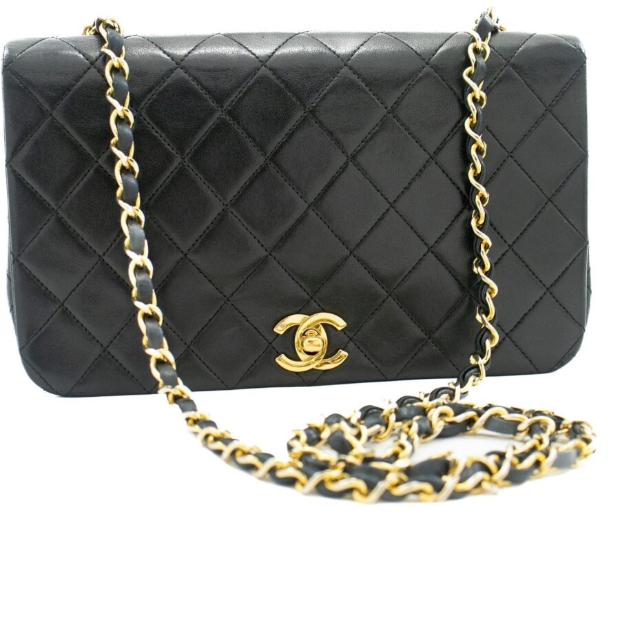 CHANEL Full Flap Chain Shoulder Bag Black Quilted Lambskin Purse j65 | Studio Nafay