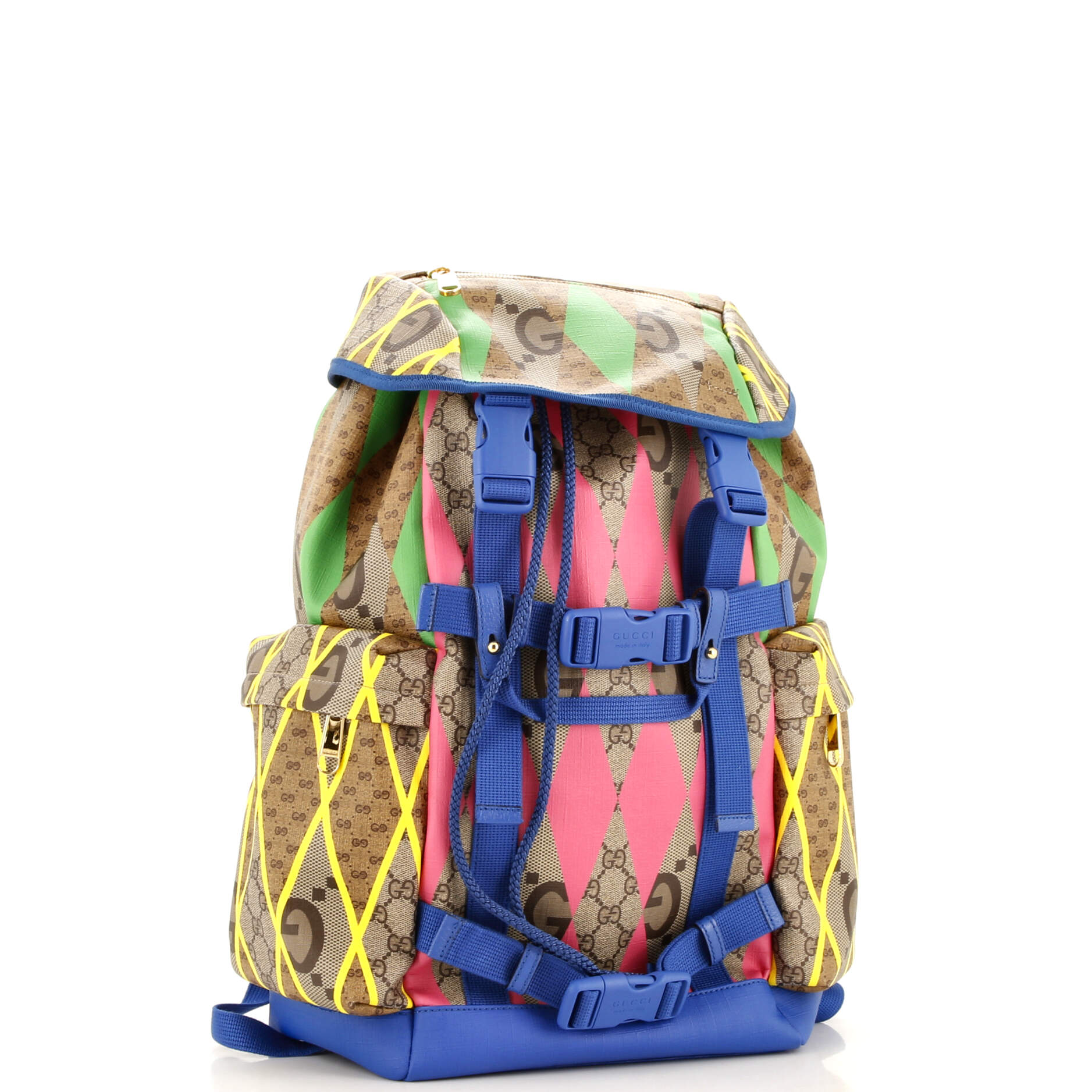 Double Pocket Buckle Backpack Rhombus GG Coated Canvas with Leather