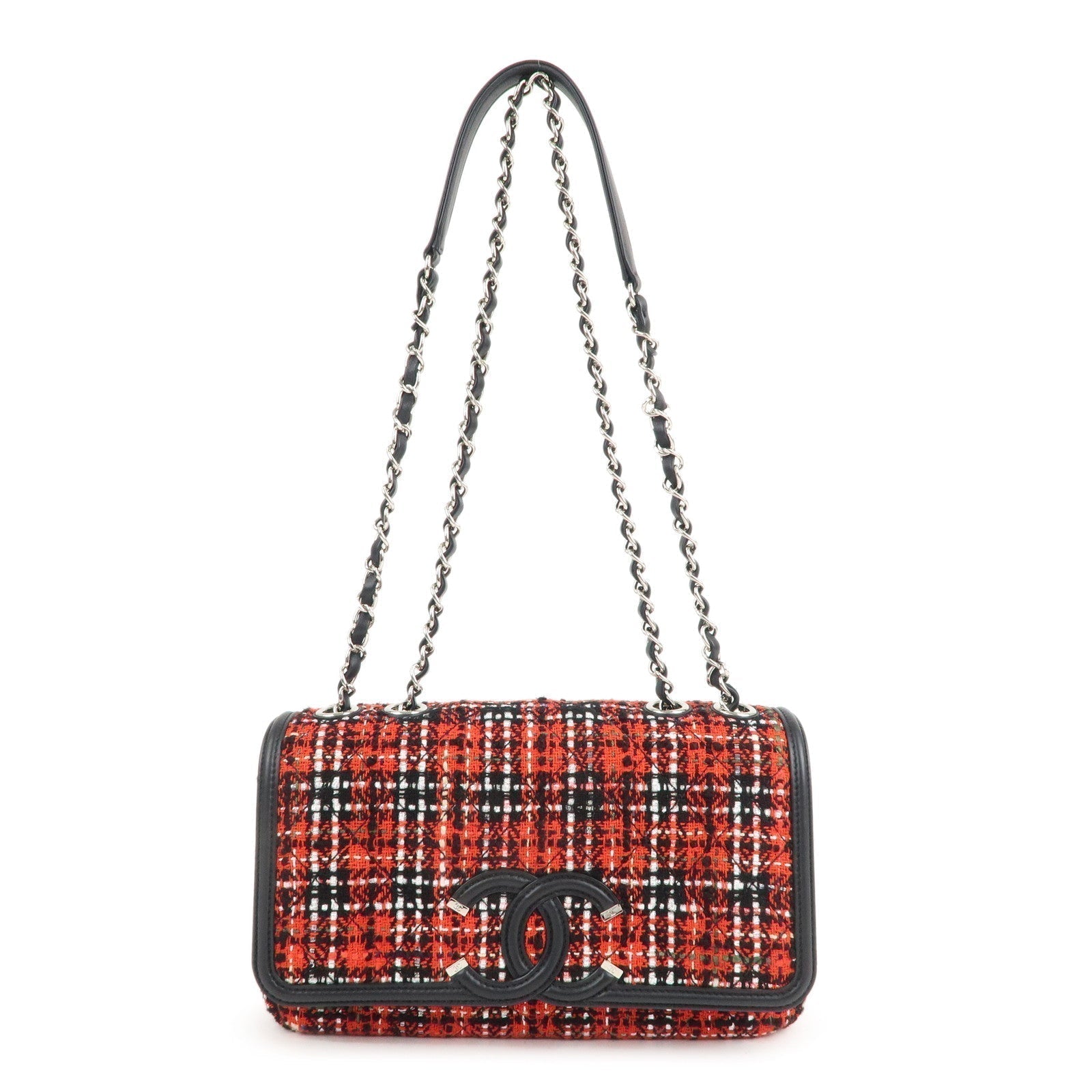 Chanel CC Filigree Tweed Leather Shoulder Bag Red Black