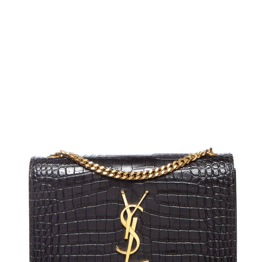 YSL Black Croc Embossed Leather Kate Shoulder Bag | Studio Nafay