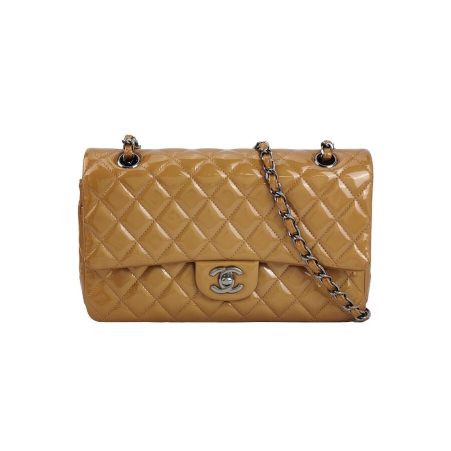 Chanel Timeless Classic Flap Medium Beige Gold Patent Leather Silver Hardware | Studio Nafay