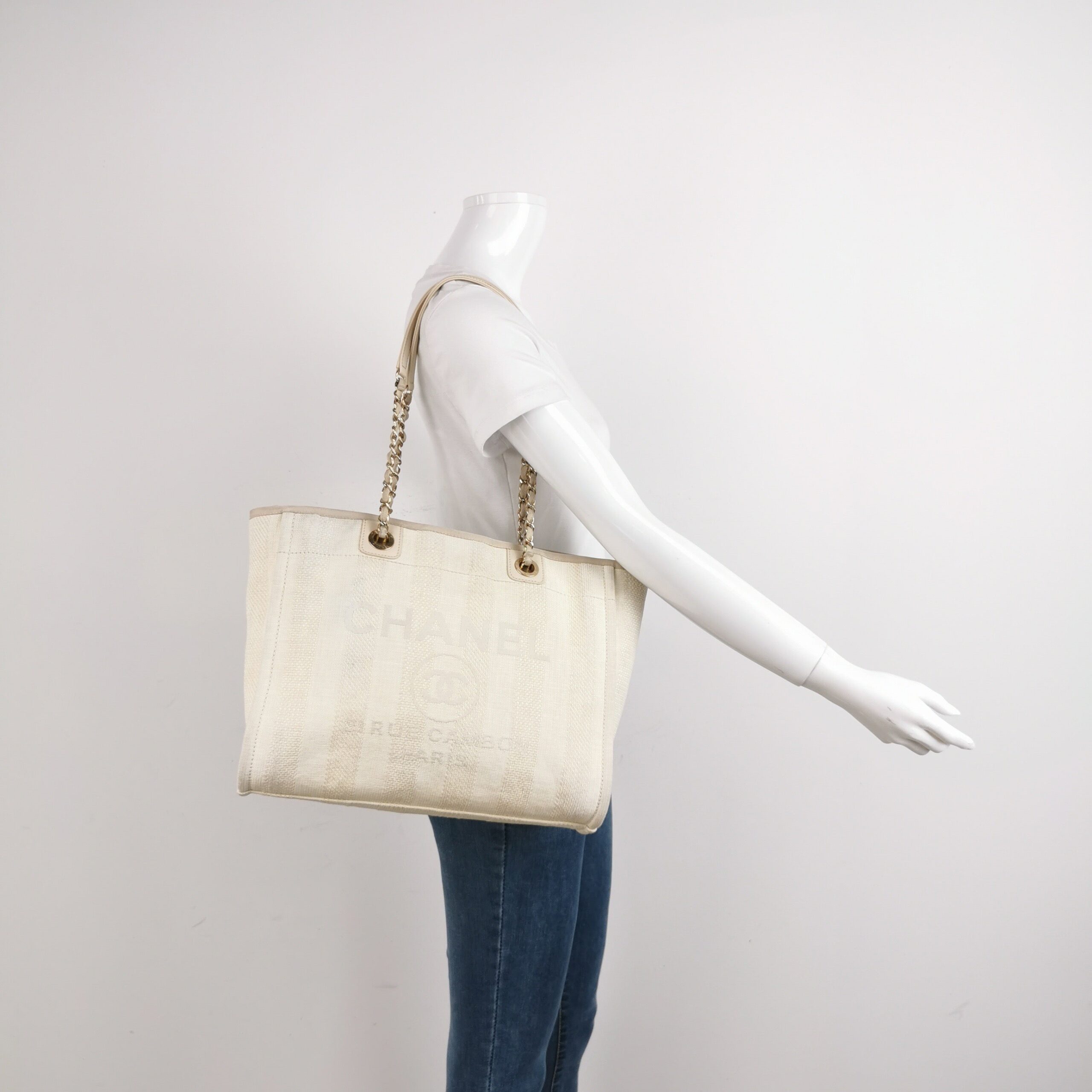 Chanel Deauville Tote Light Beige Stripes Cloth Leather Chain Handle Small 34cm