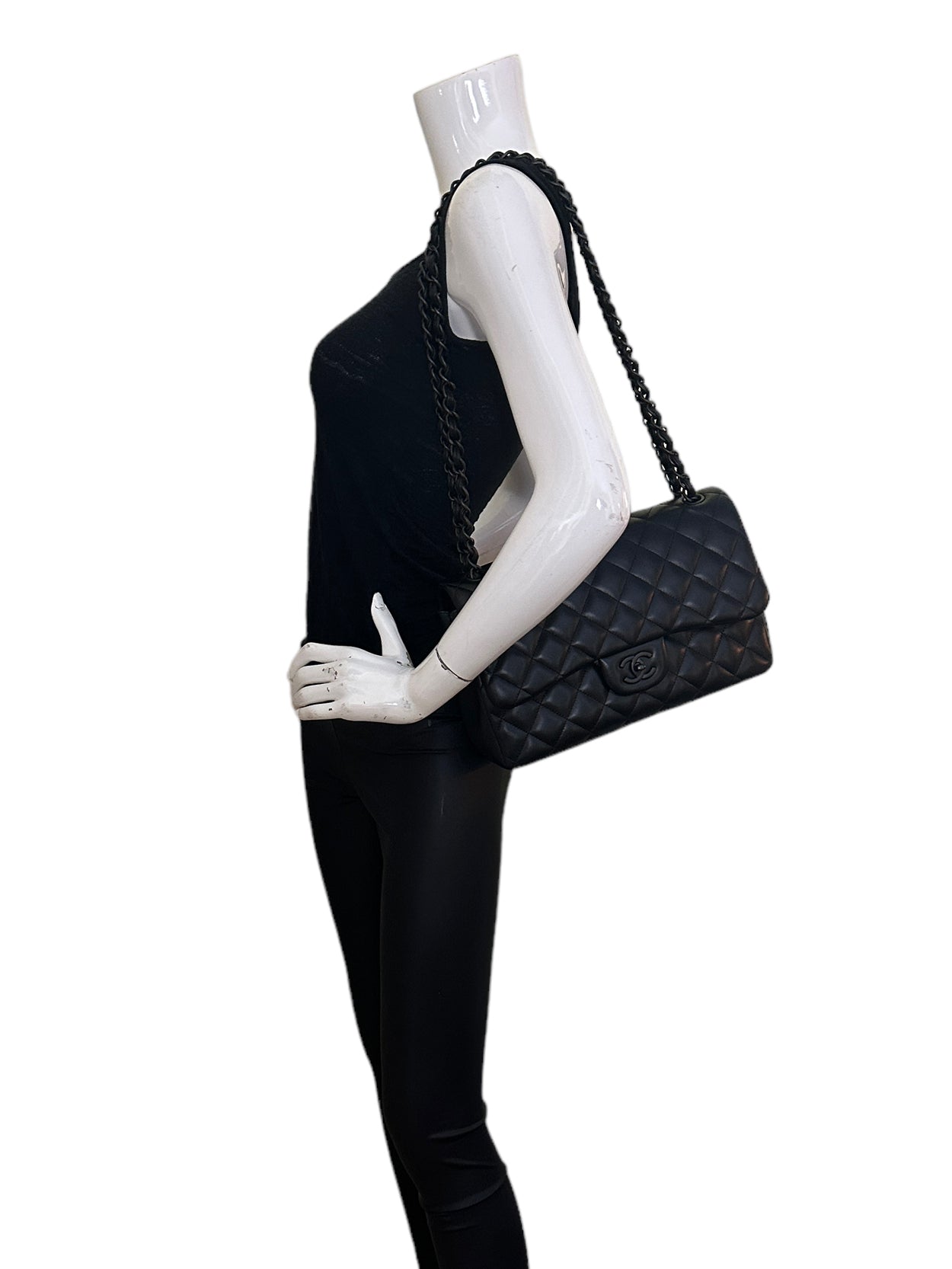 Chanel SO Black Lambskin Leather Quilted Classic Double Flap Jumbo Bag