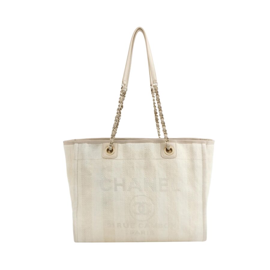 Chanel Deauville Tote Light Beige Stripes Cloth Leather Chain Handle Small 34cm | Studio Nafay