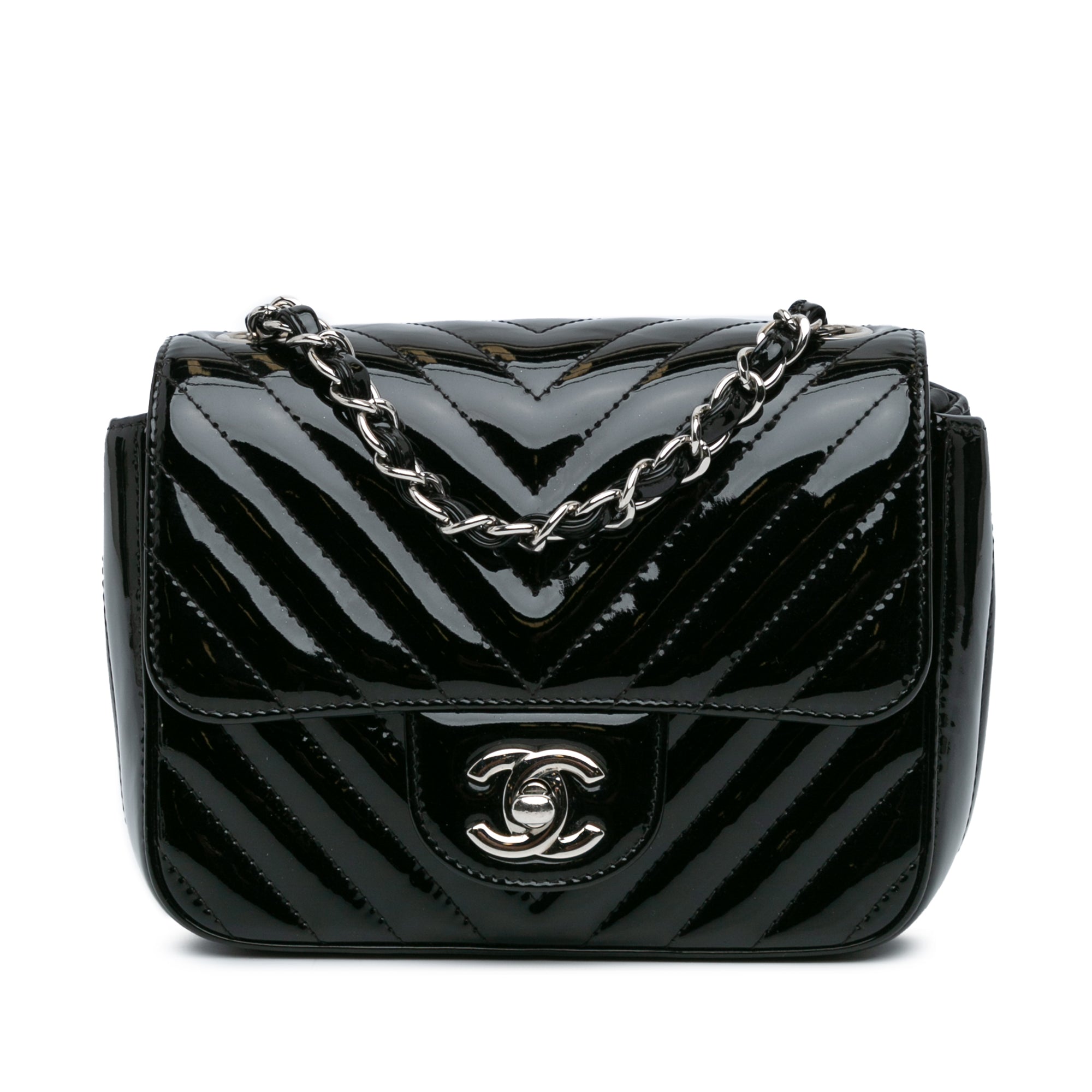 Black Chanel Mini Square Classic Patent Chevron Flap Crossbody Bag