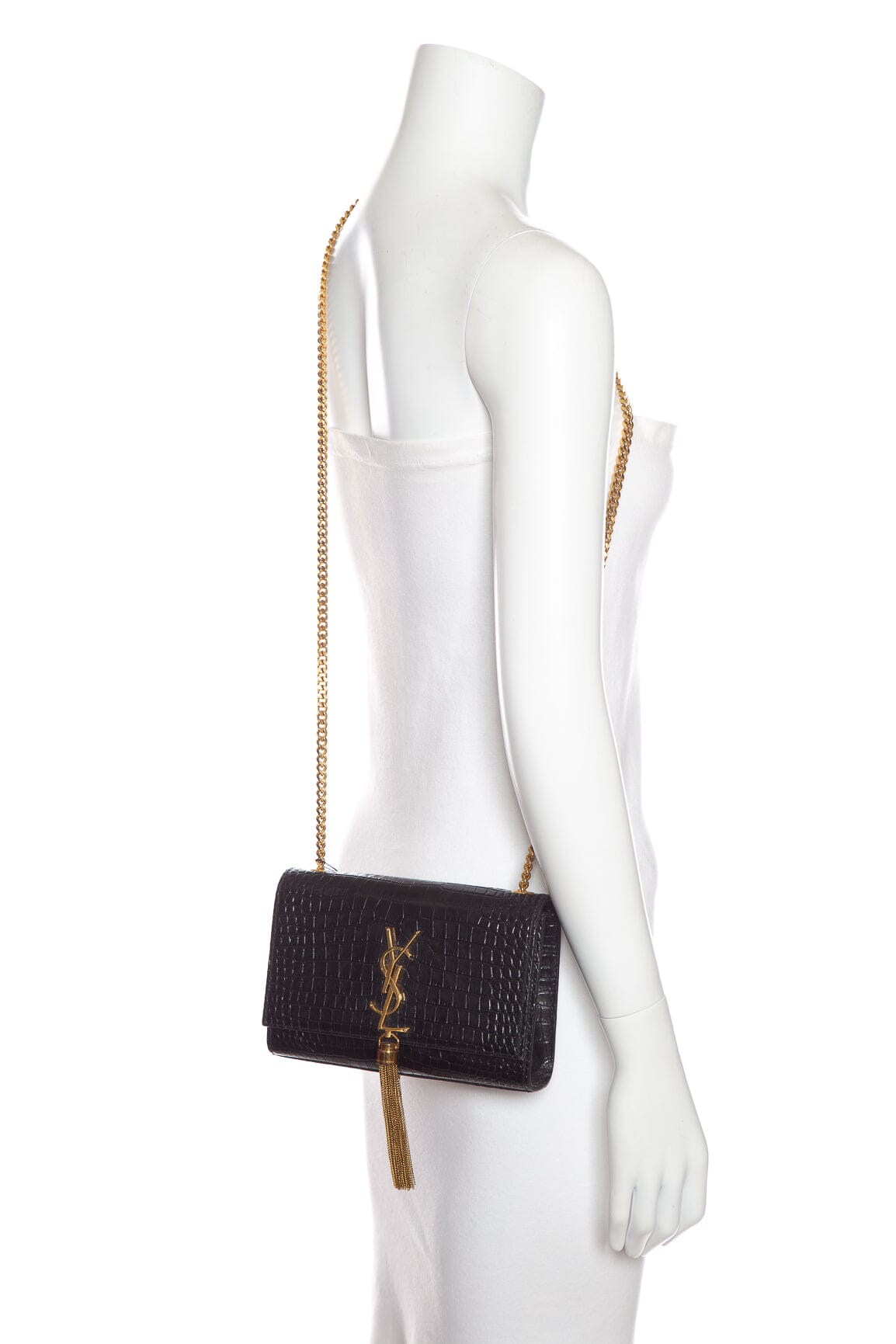 YSL Black Croc Embossed Leather Kate Shoulder Bag