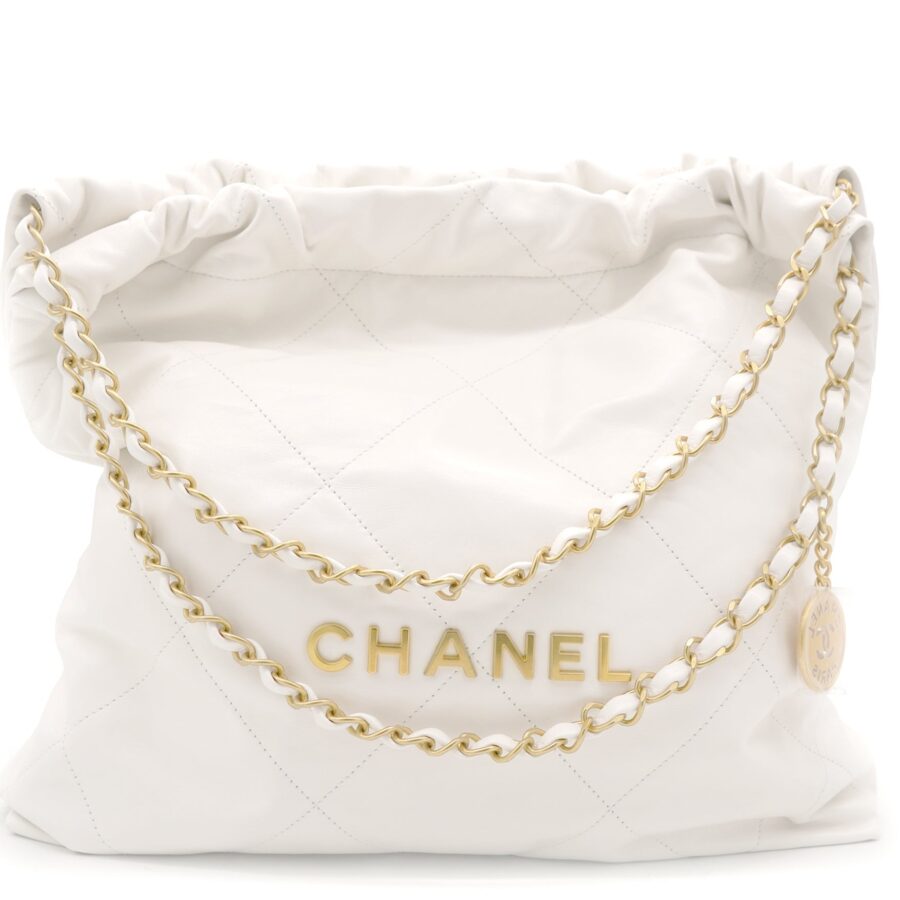 Shiny Calfskin Quilted Small Chanel 22 White Handbag | Studio Nafay